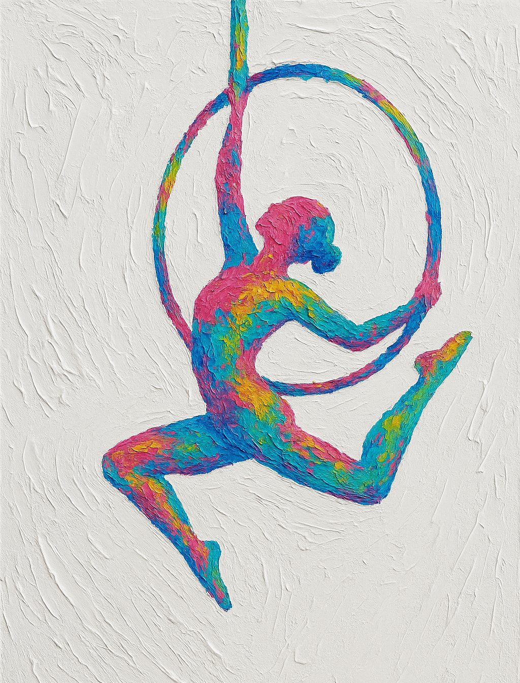 Colorful mural of a person performing an aerial hoop acrobatic pose against a white textured wall.