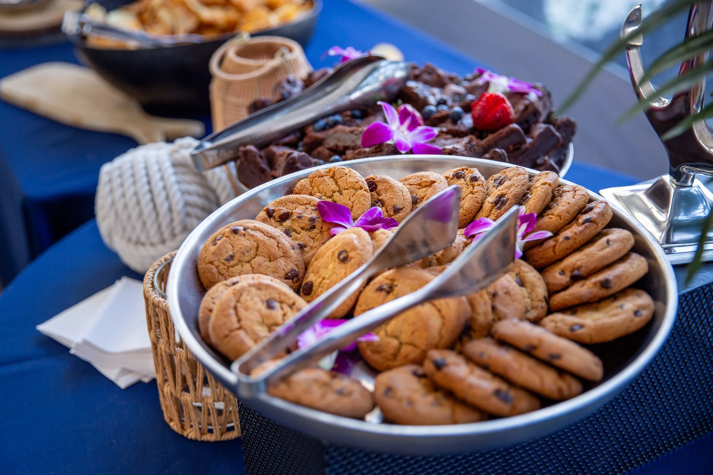 Chocolate chip cookies and chocolate dessert displayed on a buffet table at a catered event at The New England Aquarium 