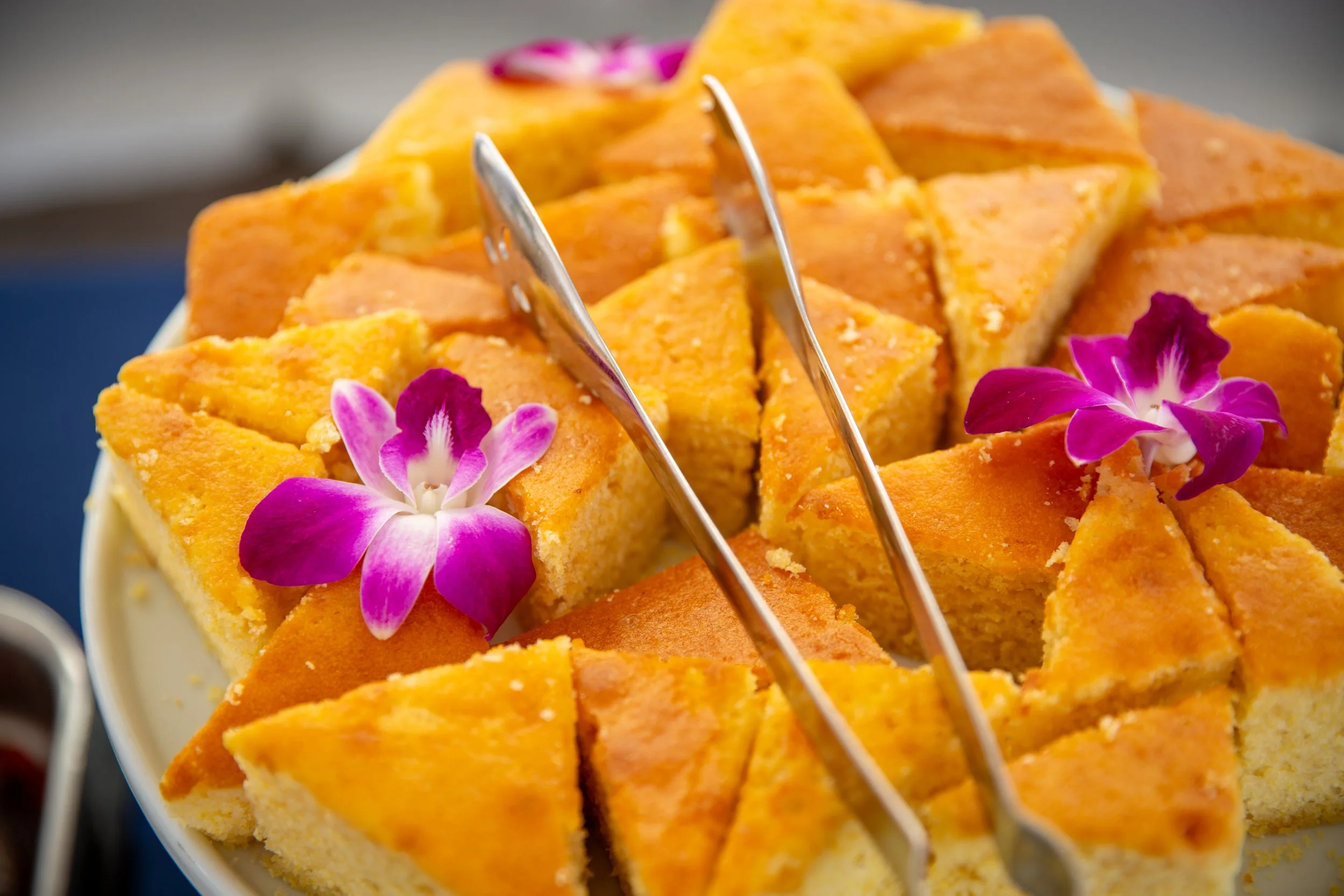 Slices of cornbread displayed on the dessert buffet during an adults-only evening event at the New England Aquarium.