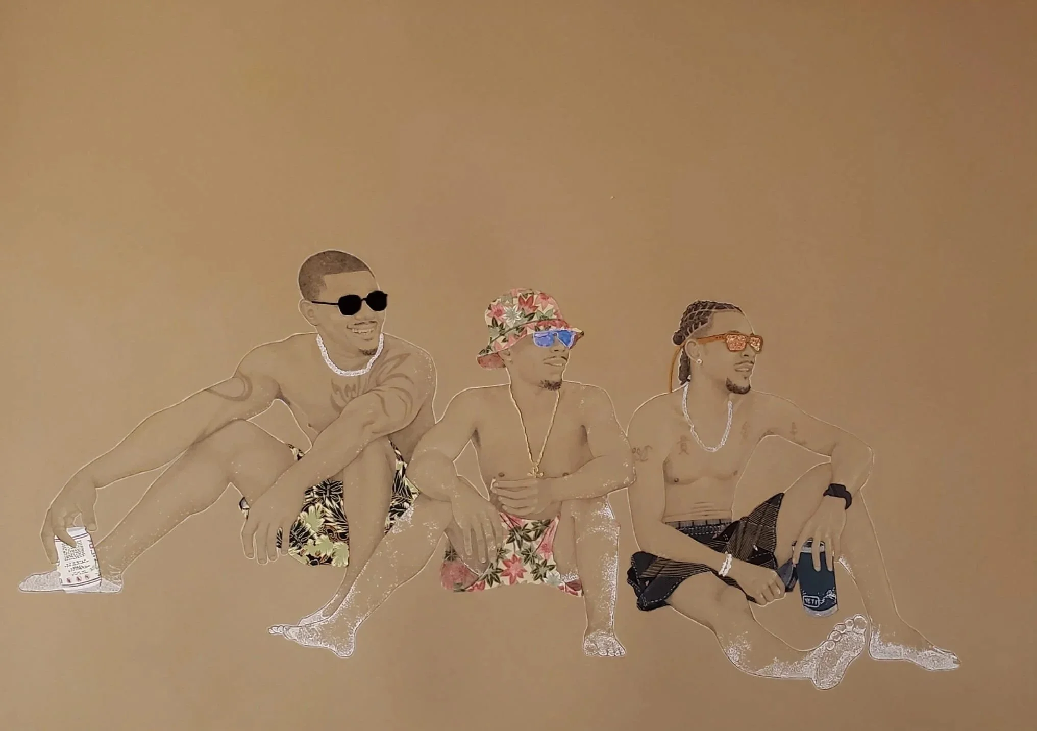 Men on Cabbage Beach (2022) by Kachelle Knowles, 30" x 20"