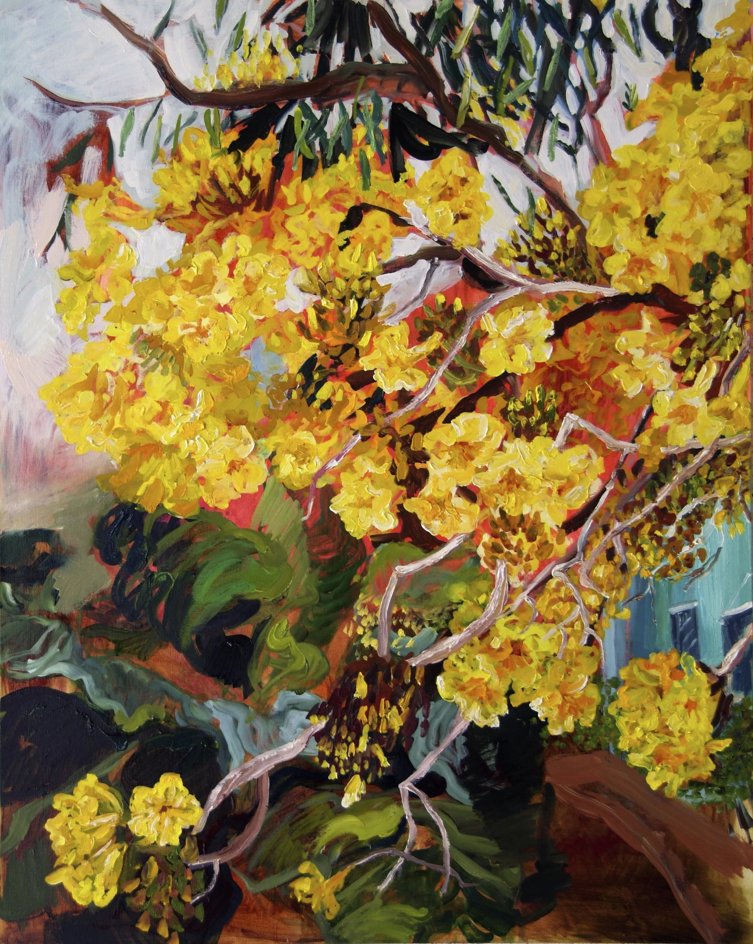 April Yellow Elder with Turquoise House (2011) by Lynn Parotti, 49.5" x 39.5"