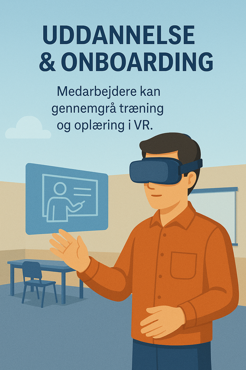 Virtuel uddannelse og onboarding i industrien, hvor medarbejdere gennemgår træning og oplæring med VR-headset i et digitalt læringsmiljø