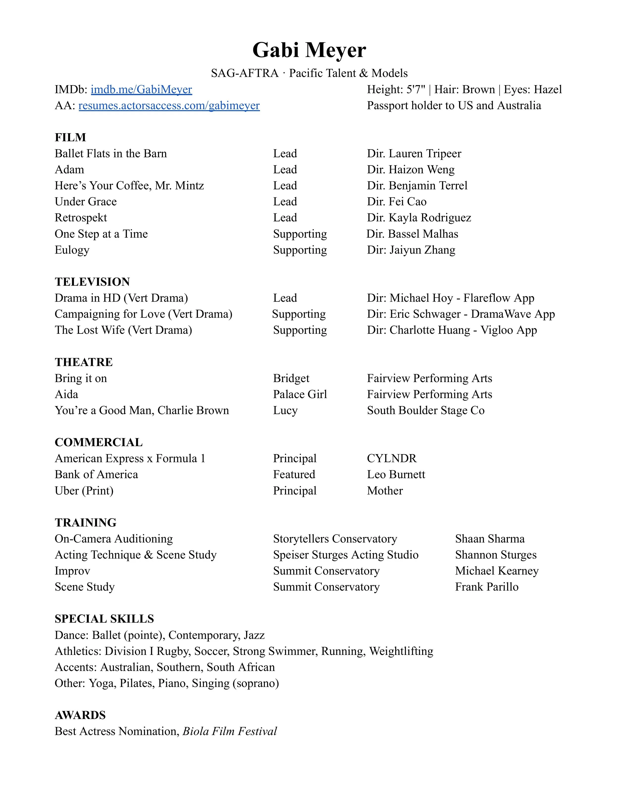 A resume or CV page for Gabi Meyer, listing personal information, film, television, theatre, commercial work, training, skills, awards, and additional notes, including links to IMDb and a professional website.