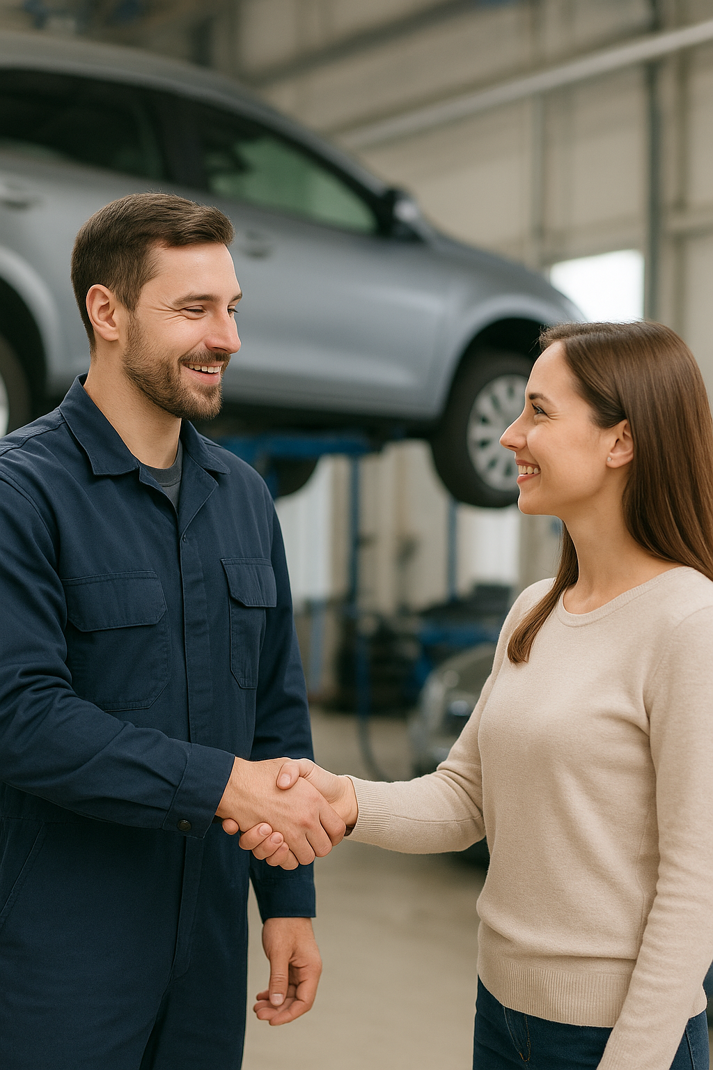 A male mechanic and a woman shake hands inside an auto repair shop with a car lifted on a lift in the background.