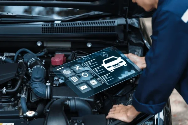 Person using a digital tablet with a car diagnostic interface over a car engine bay.