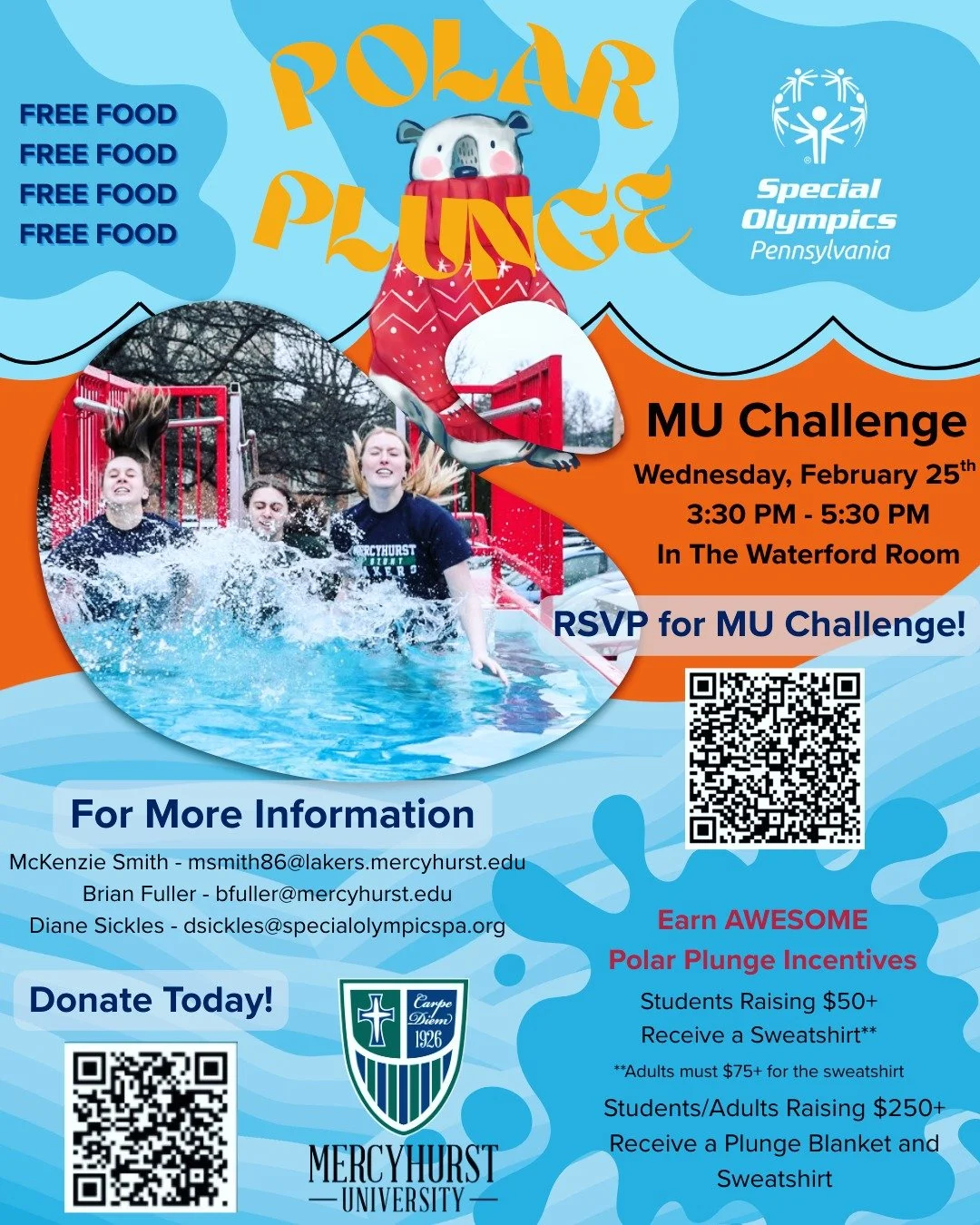 The Polar Plunge is coming back to Mercyhurst. Polar Plunge is a fund raising event that supports the special Olympics. Come stop by the Waterford Room on Wednesday the 25th to claim your spot (and some super cool prizes)

#mercyhurstuniversity #icgp