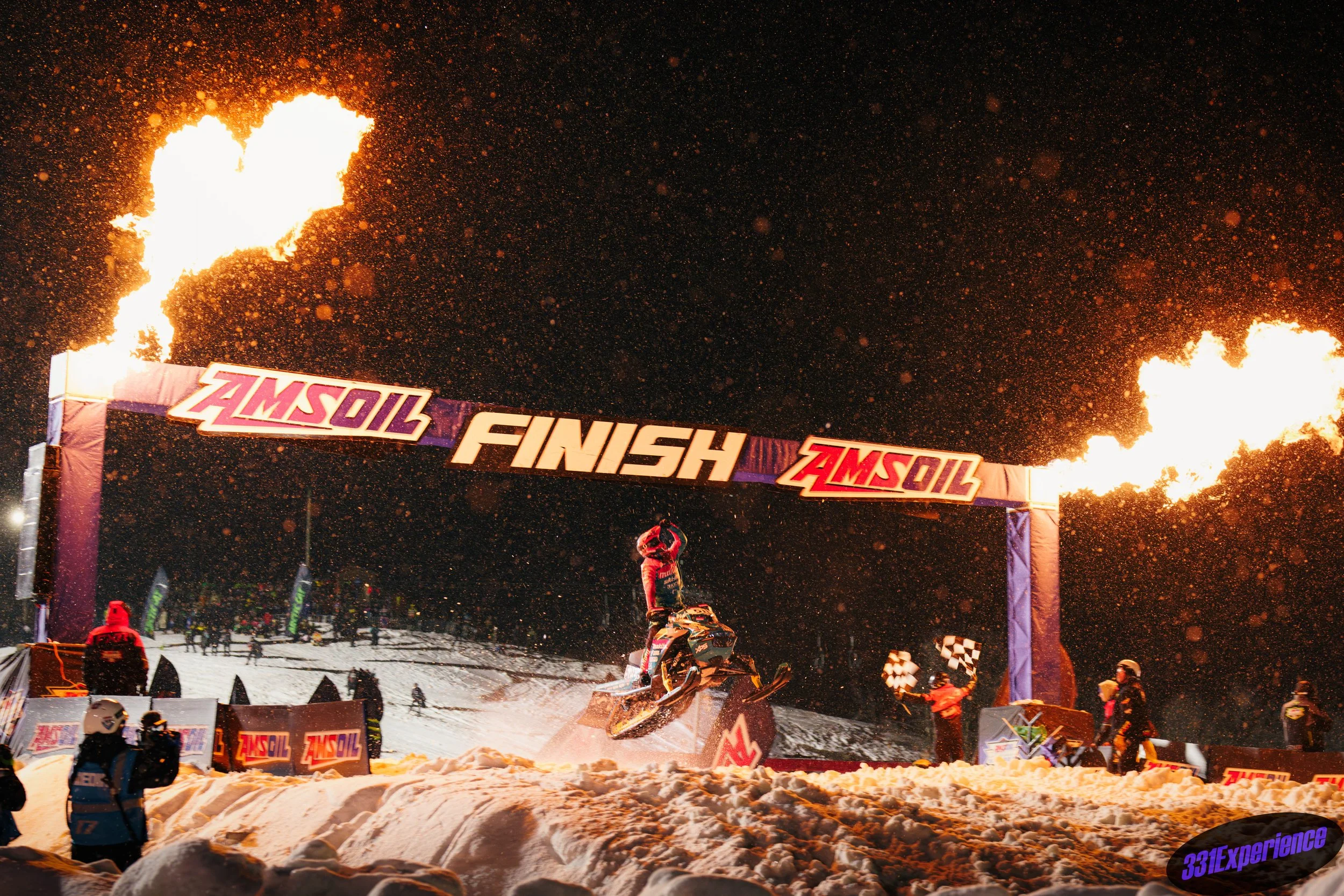 The finish light fire erupting the finish line of the 2025 SnoCross Championship in Duluth Minnesota