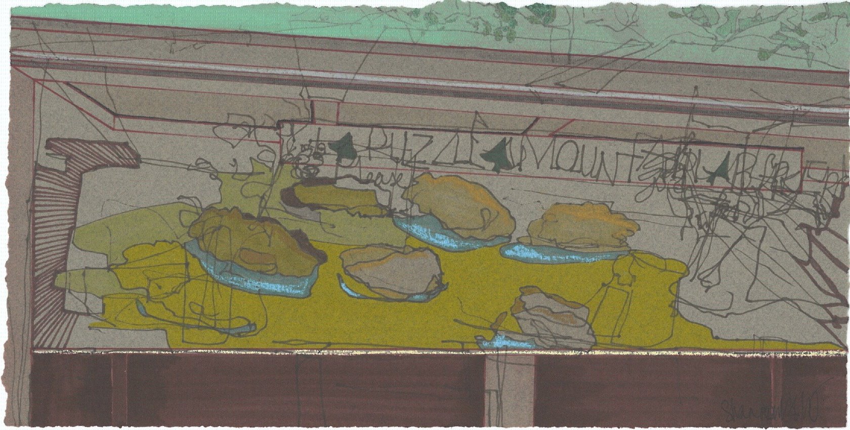 Honor System Pie Stand, 2012, Ink and Charcoal Pastel on Paper, 6" x 10"