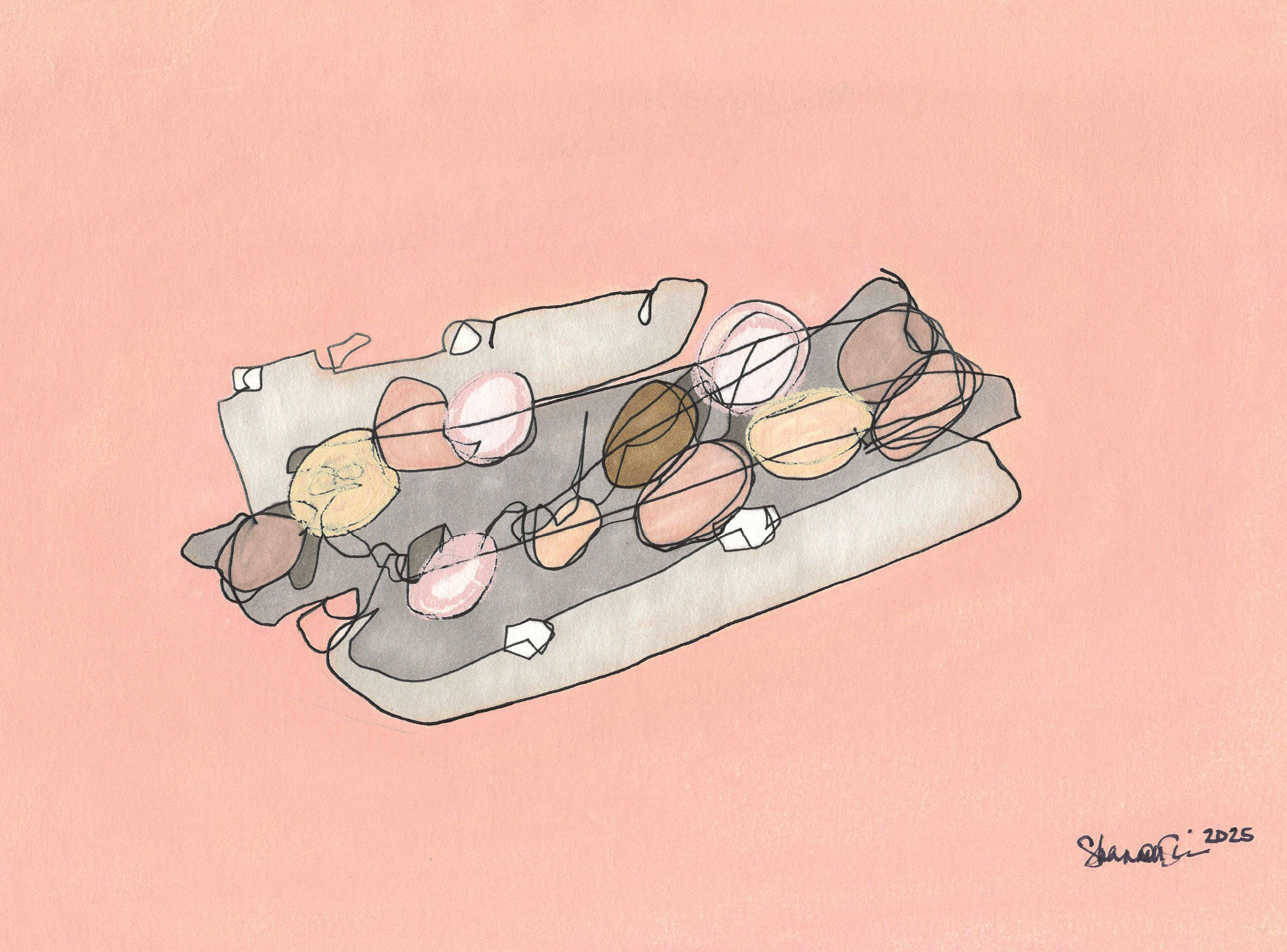 One Dozen Eggs, 2025, Ink and Charcoal Pastel on Paper, 6.75" x 10.5"