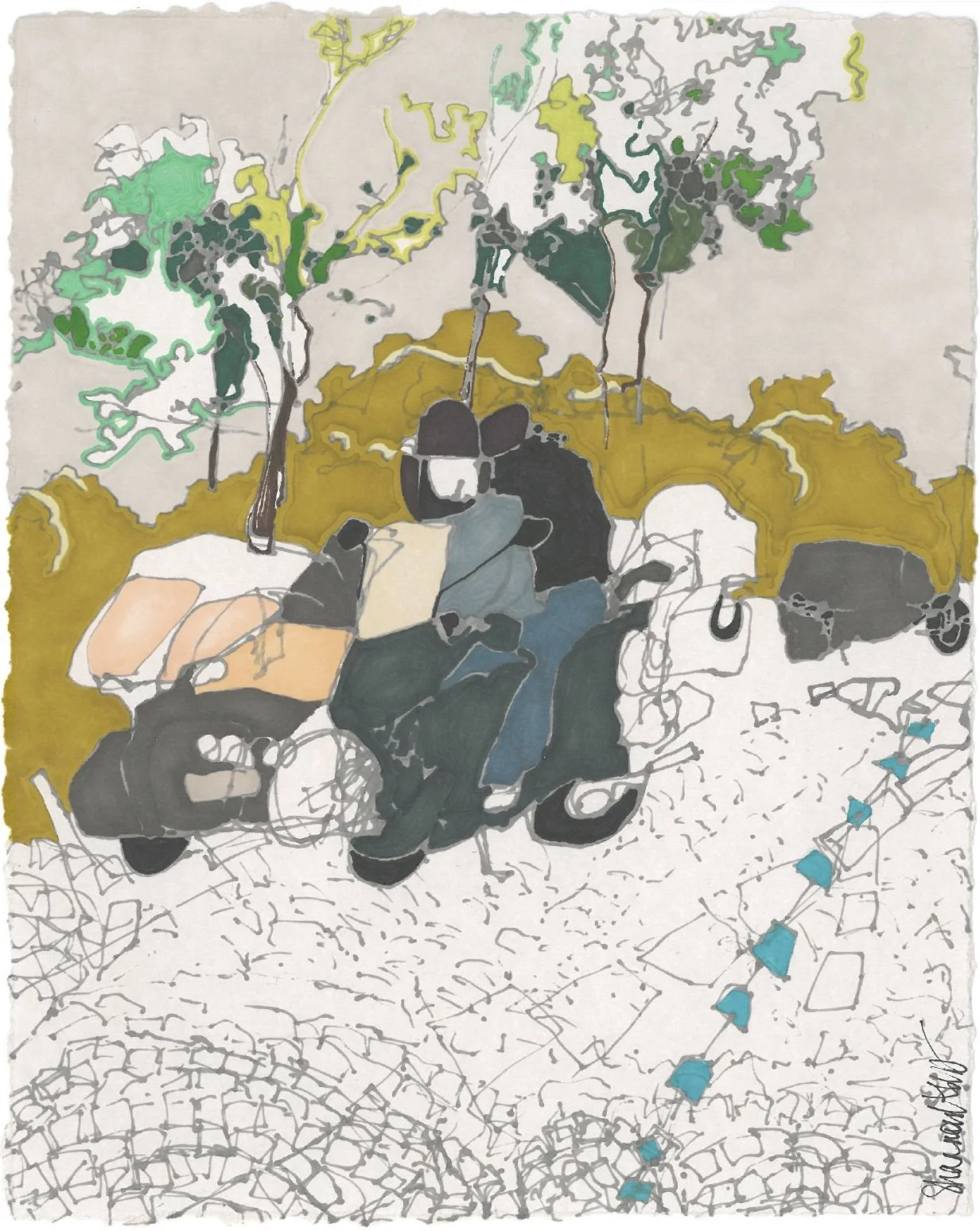 Honeymoon in France, 2012, Ink and Charcoal Pastel on Paper, 8" x 10"