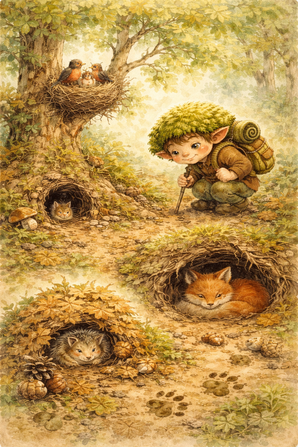 Moosli entdeckt Behausungen im Wald