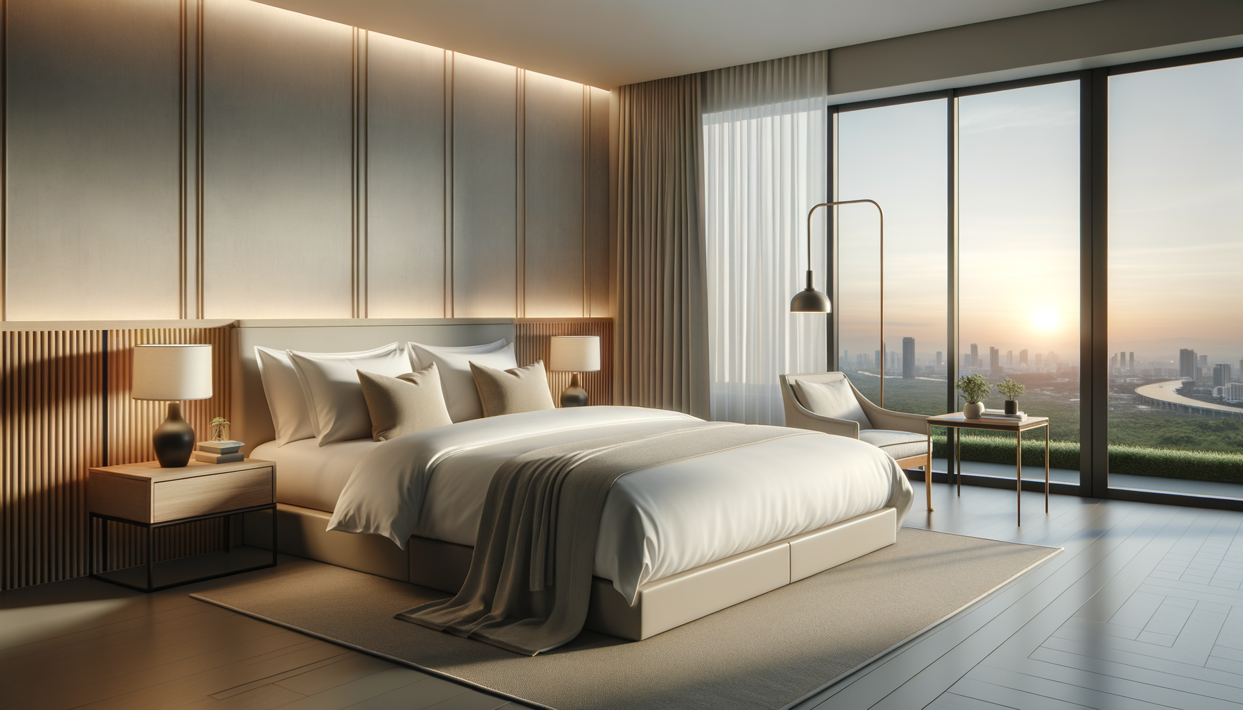 Modern bedroom with a large bed, nightstands with lamps, a chair, a small table with plants, and a floor-to-ceiling window showing a city skyline at sunset.
