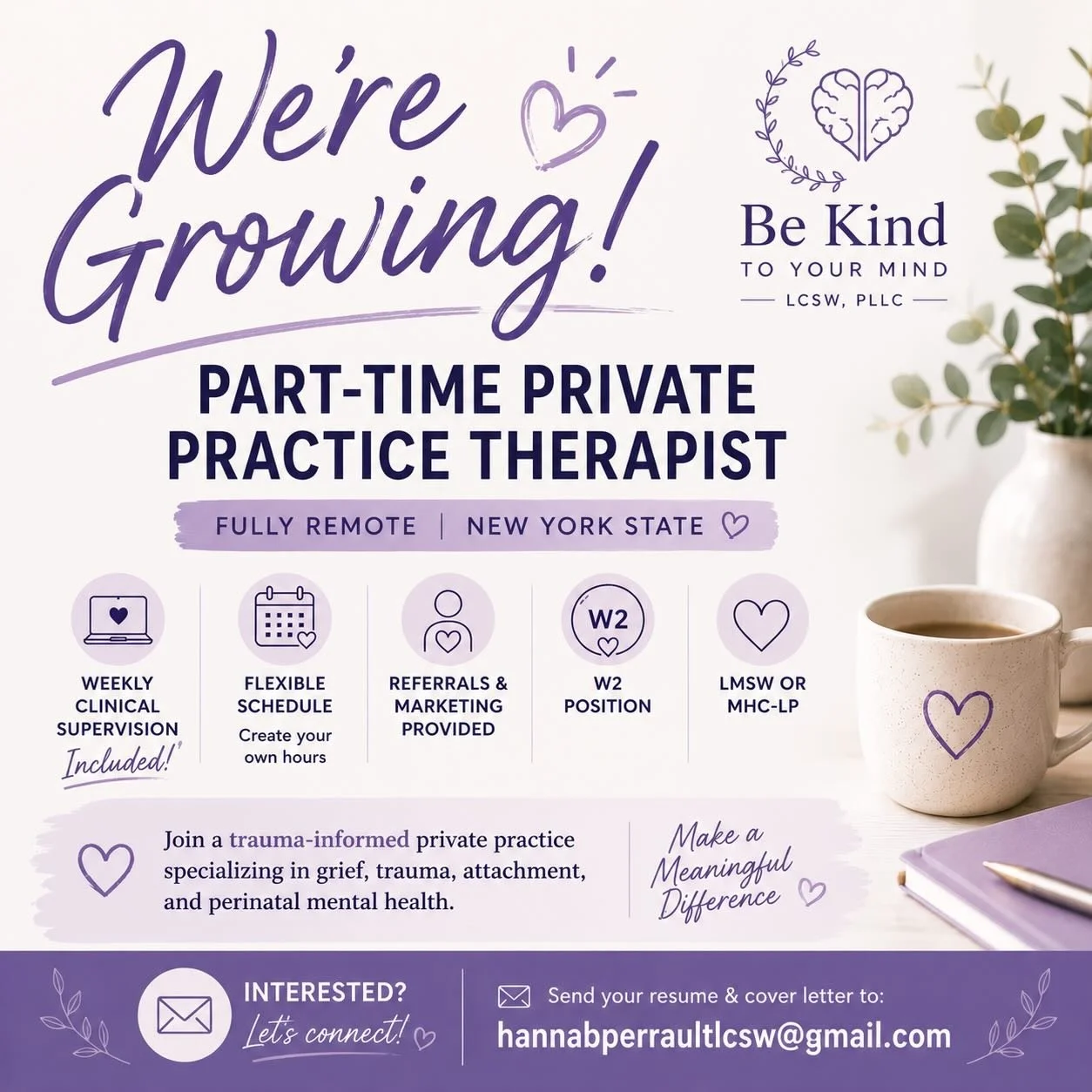 Exciting news! 💜

My practice, Be Kind To Your Mind LCSW, PLLC, is growing, and I&rsquo;m officially hiring my first clinician!

About a year ago, this practice existed only as an idea. Since then, I&rsquo;ve had the privilege of supporting so many 