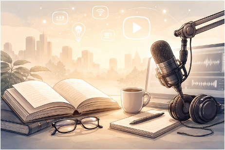 Open book, eyeglasses, notebook, pen, coffee mug, headphones, and microphone on a desk with a cityscape background and digital icons of media and communication.