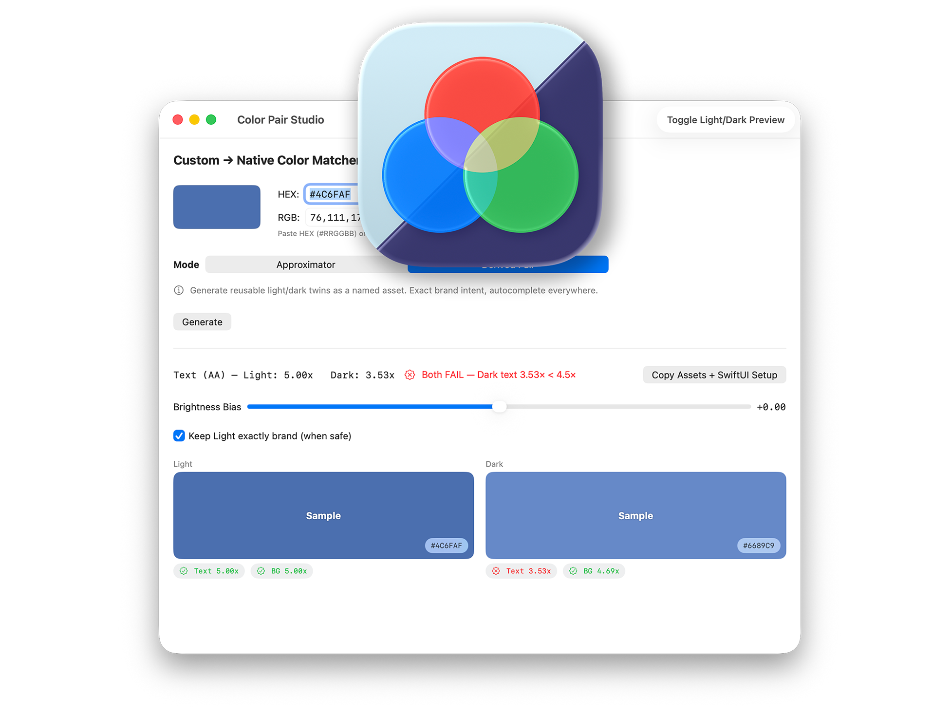 Screenshot of a color matching software interface with a blue color swatch, a color wheel, and various color measurement details, including HEX code #4C6FAF, RGB 76, 111, 175.