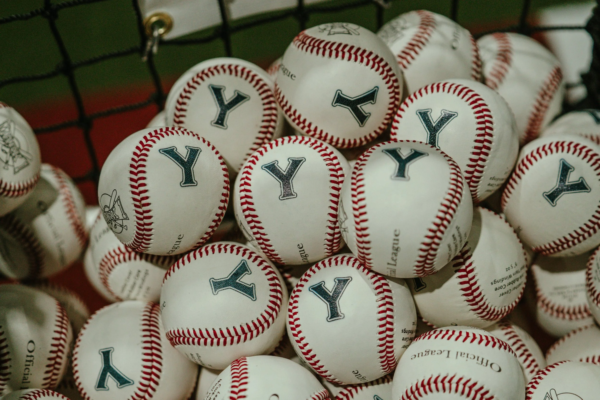 White baseballs with red stitching and a blue 'Y' logo, piled inside a black wire basket. The "Y" is a logo for The Yard Training. This facility is located in Anderson, SC.