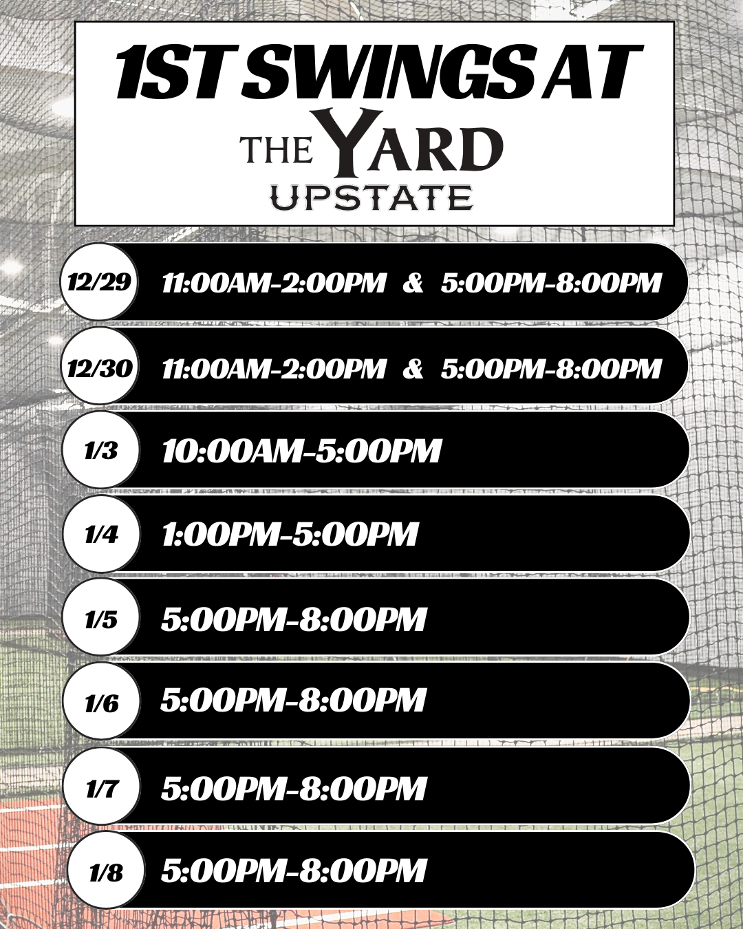 Join us for The Yard Upstate First Swings Open House Events. Check out the facility, meet our staff, and hit in our cages!
