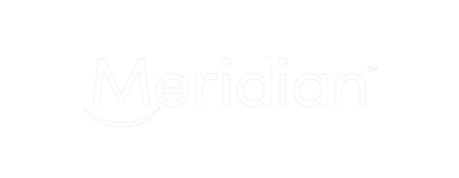 Meridian logo in white text with a smile underneath the letter 'M' on a black background.