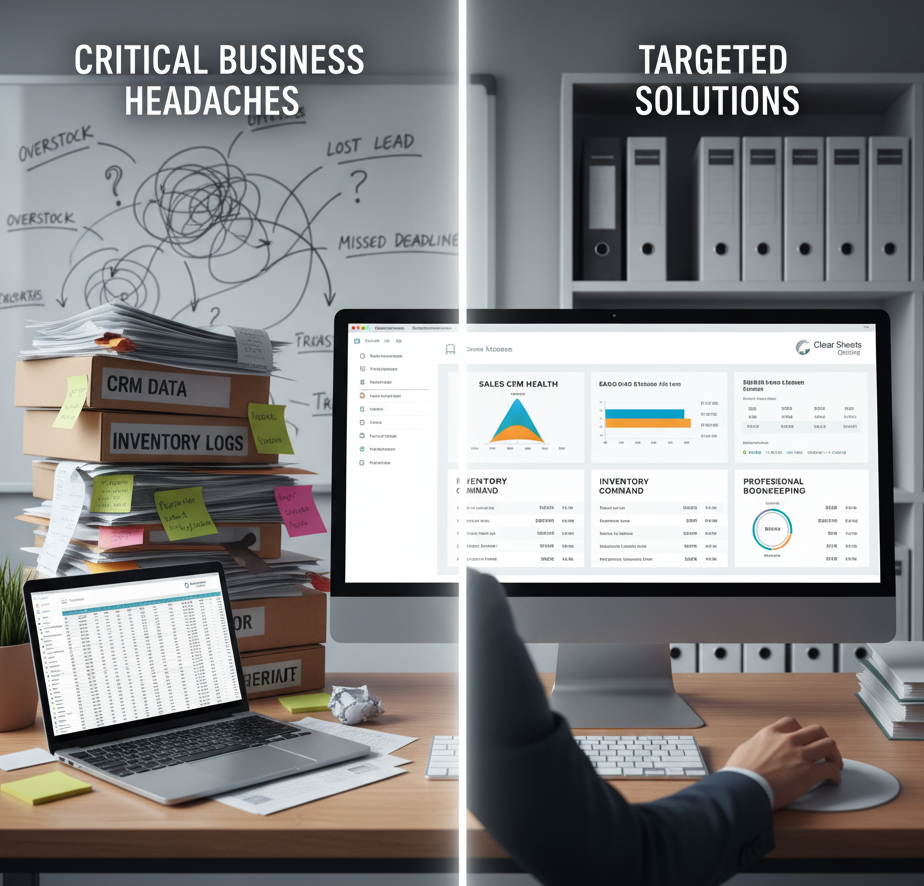 image contrasting a chaotic desk with business headaches like overstock and lost leads, against a clear monitor displaying targeted solutions dashboards. Clear Sheets Online in Lebanon solves critical operational problems with data
