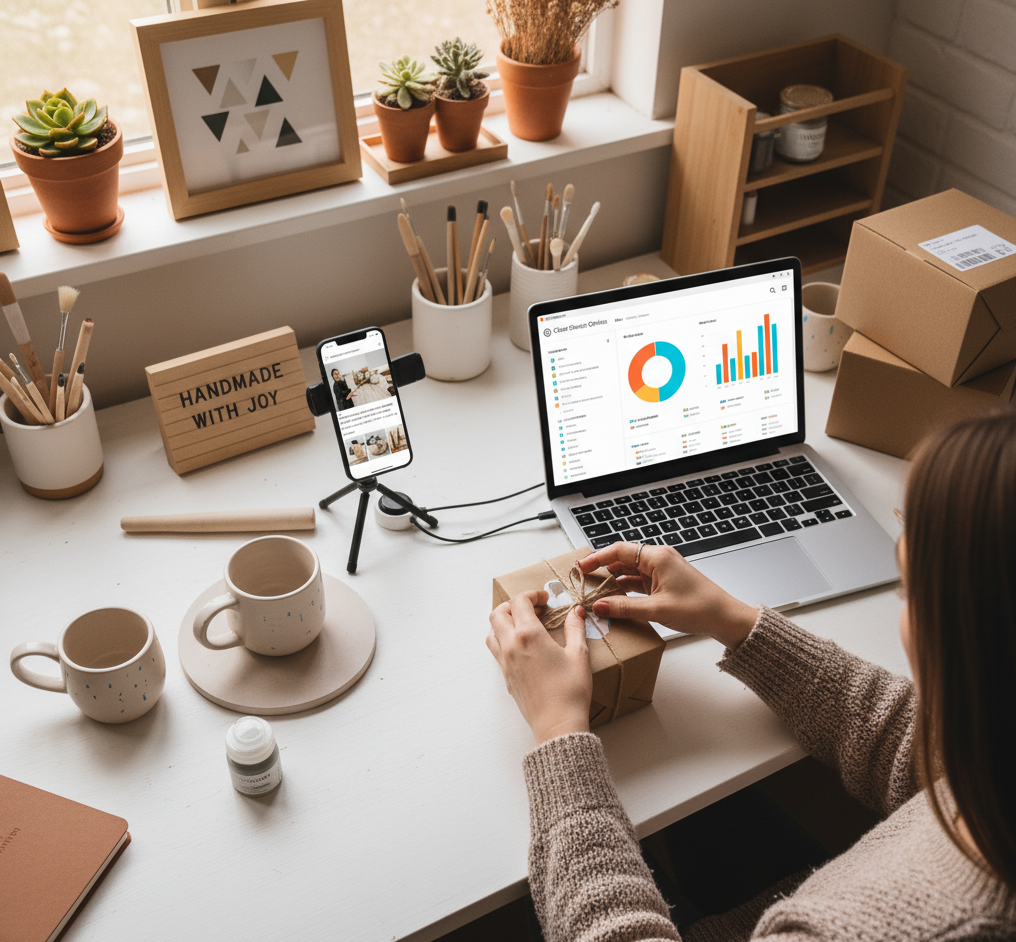 surrounded by e-commerce shipping supplies and a laptop displaying clear sales dashboards. An Instagram-focused DIY brand uses Clear Sheets Online for organized data and efficient order fulfillment.