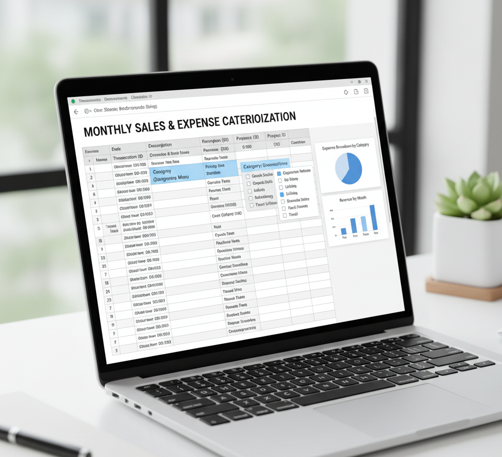laptop screen showing a spreadsheet with monthly sales and expense categorization, alongside small charts. Clear Sheets Online in Lebanon structures and formats data into clear categories for meaningful analysis and business insights