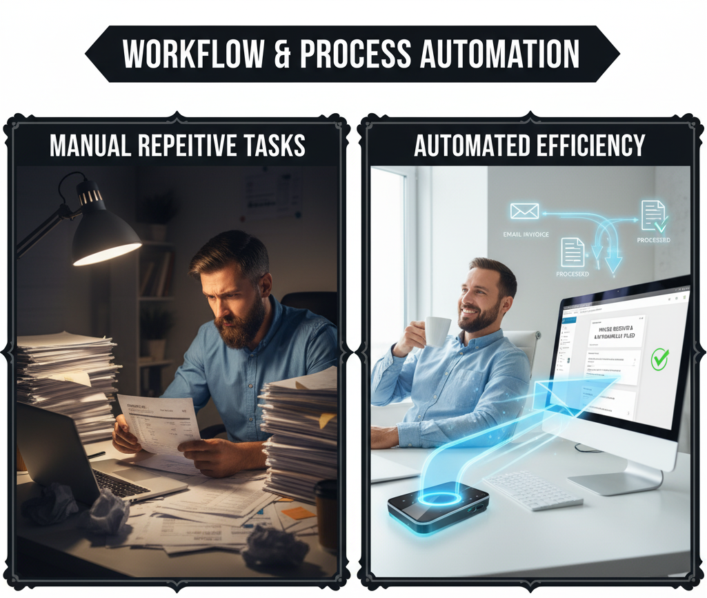 image contrasting a man overwhelmed by manual paperwork with another relaxed, overseeing automated tasks on a monitor. Clear Sheets Online in Lebanon builds simple systems for workflow and process automation, saving time and reducing errors.