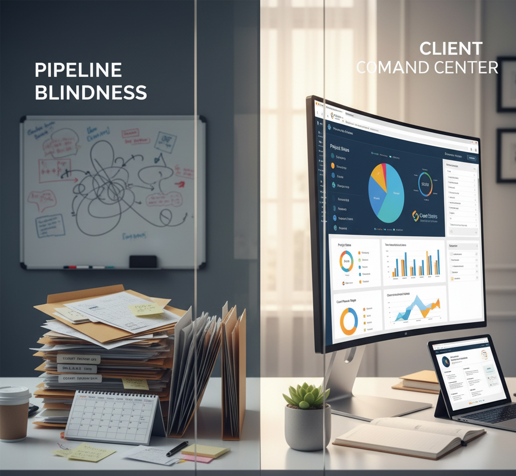 Split image contrasting a messy desk with disorganized paper files, against a clean desk with a large monitor displaying a clear, modern 'Client Command Center' dashboard. This visual metaphor highlights Clear Sheets Online solutio