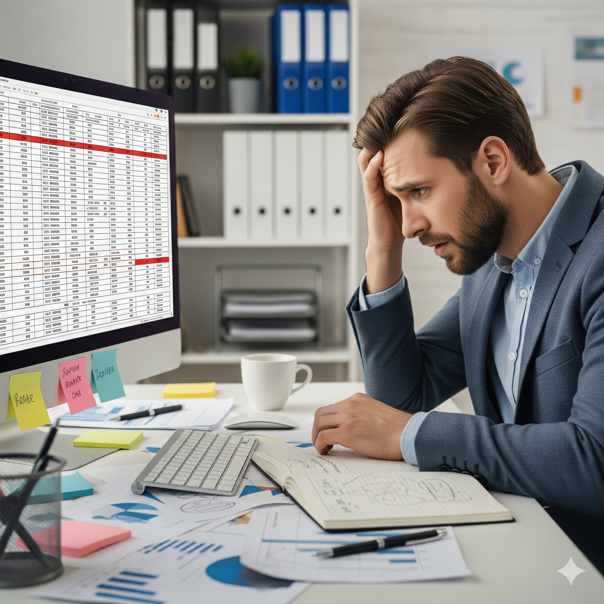An overwhelmed man in sitting at a cluttered desk, holding his forehead, with a computer screen displaying a spreadsheet, data cleaning could be time consuming and tiring but its a crucial part of your business if handled properly leads to growth