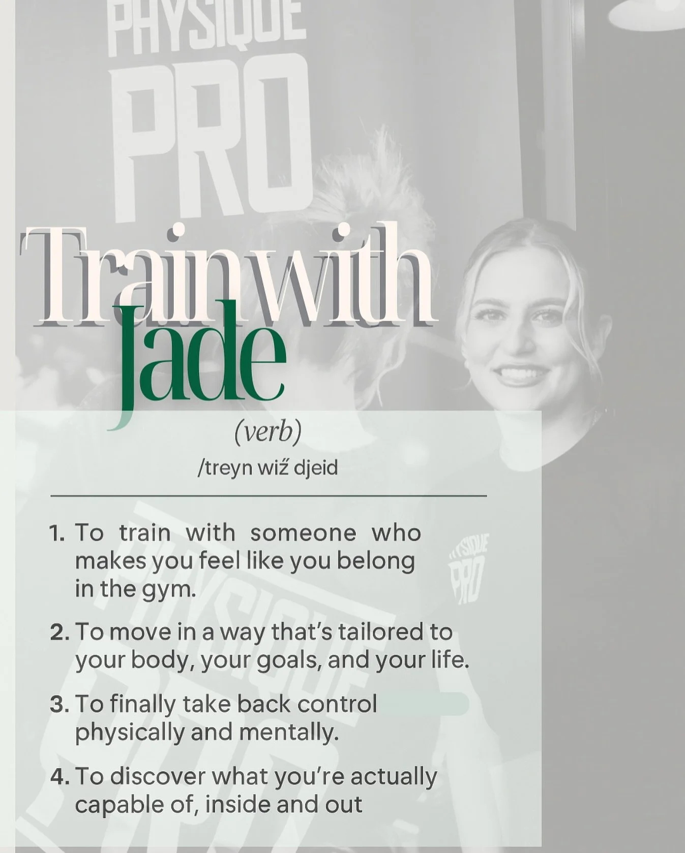 📖 Spotted in the English dictionary&hellip;
Train with Jade (verb):
To empower your fitness journey with personalised care. 

✨ It&rsquo;s not about smashing yourself into a plan that doesn&rsquo;t fit.
It&rsquo;s about building one around you -
you