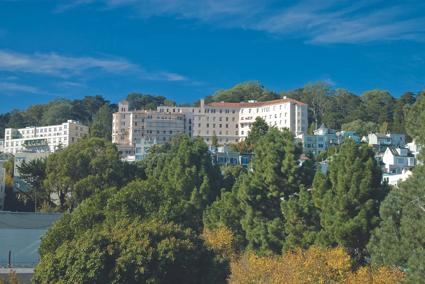A hillside with multiple white buildings and large green trees under a blue sky with wispy clouds.