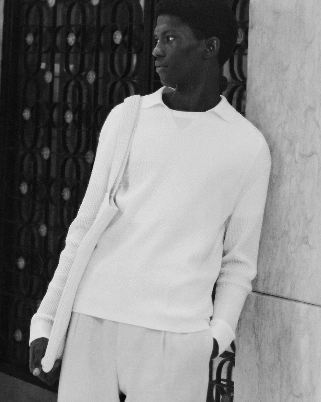 Moustapha Sy by Daniel Shea for COS Summer 2023 Ad Campaign. Hair Stylist: Ryan Mitchell. Makeup Artist: Siddhartha Simone. Art Director: Andy Knappett