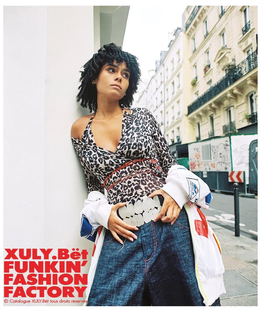 XULY.Bët by Lamine Badian Kouyaté Campaign styled by apolline coquet featuring Sara Linard
Leopard jersey zig zag recycling archives collants, tights nineties 90s Marithe Francois Gribaud le sentier Paris punk FUNKIN'FASHION FACTORY baggie