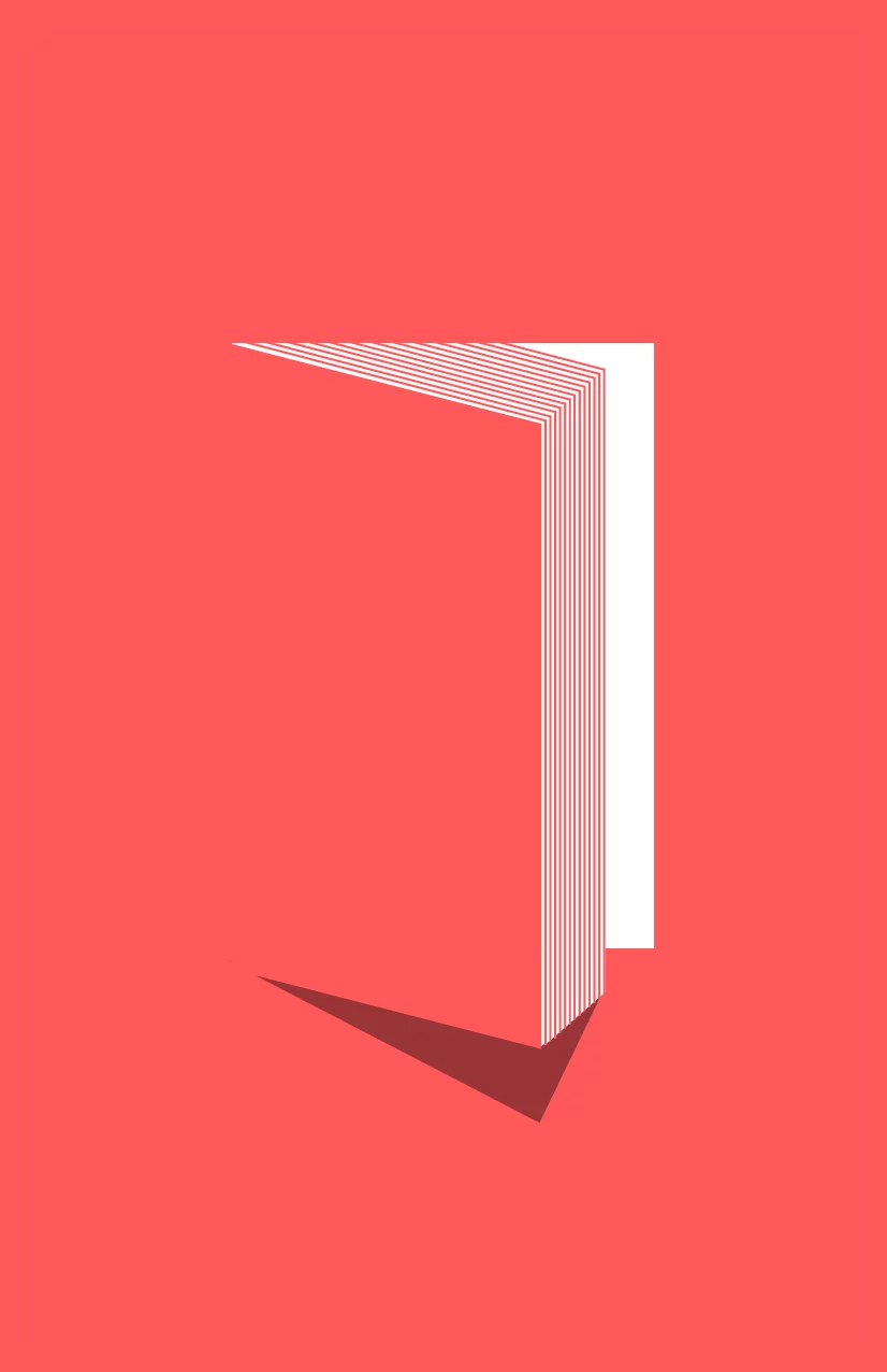 Ein rotes Buch, das aufgeschlagen ist, mit weitem Schatten auf einem roten Hintergrund.