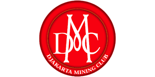 Logo of Djarkarta Mining Club with red background and white initials DMC in the center.