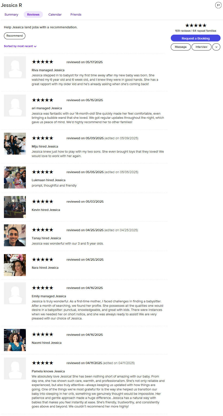 Screenshot of a user's reviews on a babysitting service website, with multiple five-star reviews and photos of the babysitter and families.