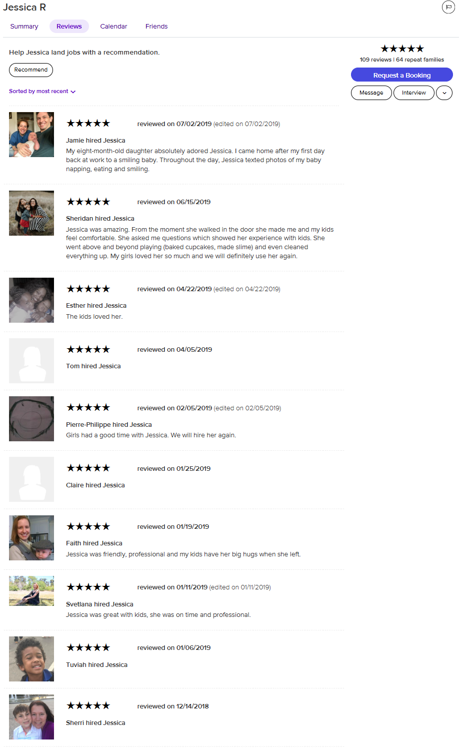 Screenshot of a review page for a person named Jessica R, showing multiple reviews and ratings from various clients, mostly with photos of children and families.