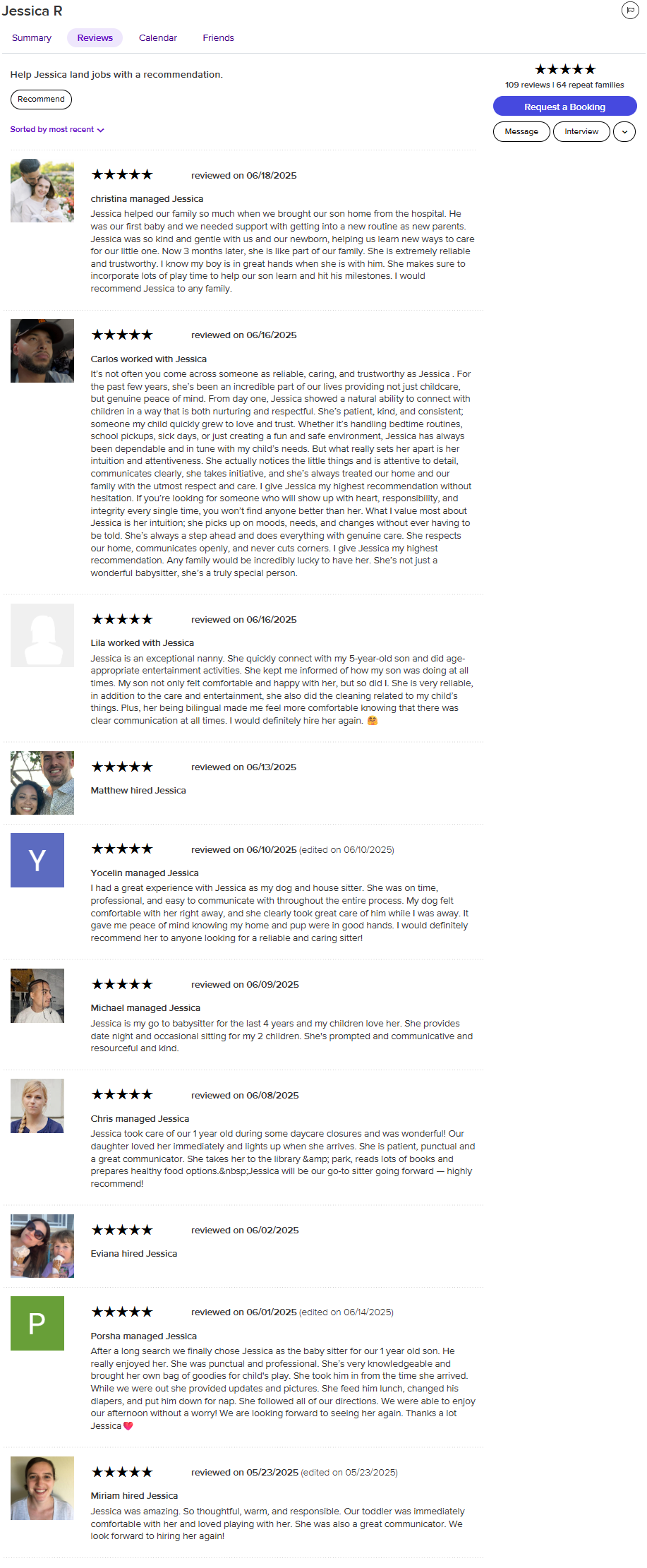 Collection of online reviews and testimonials for a caregiver named Jessica, featuring star ratings, dates, and accompanying photos of the reviewers.