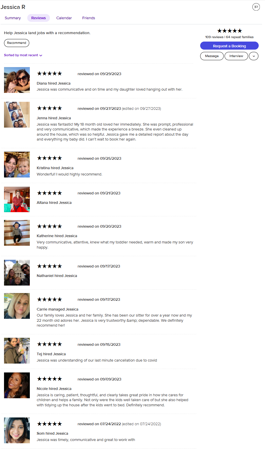 Screenshot of a reviews page for a babysitter named Jessica R, showing multiple reviews with ratings, dates, and photos of people including children and adults.