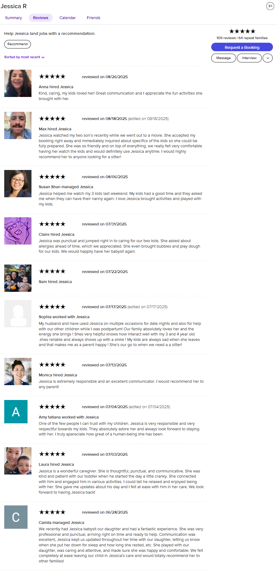 Screenshot of a review page for Jessica R with multiple reviews praising her caregiving services, including star ratings and comments from various clients.