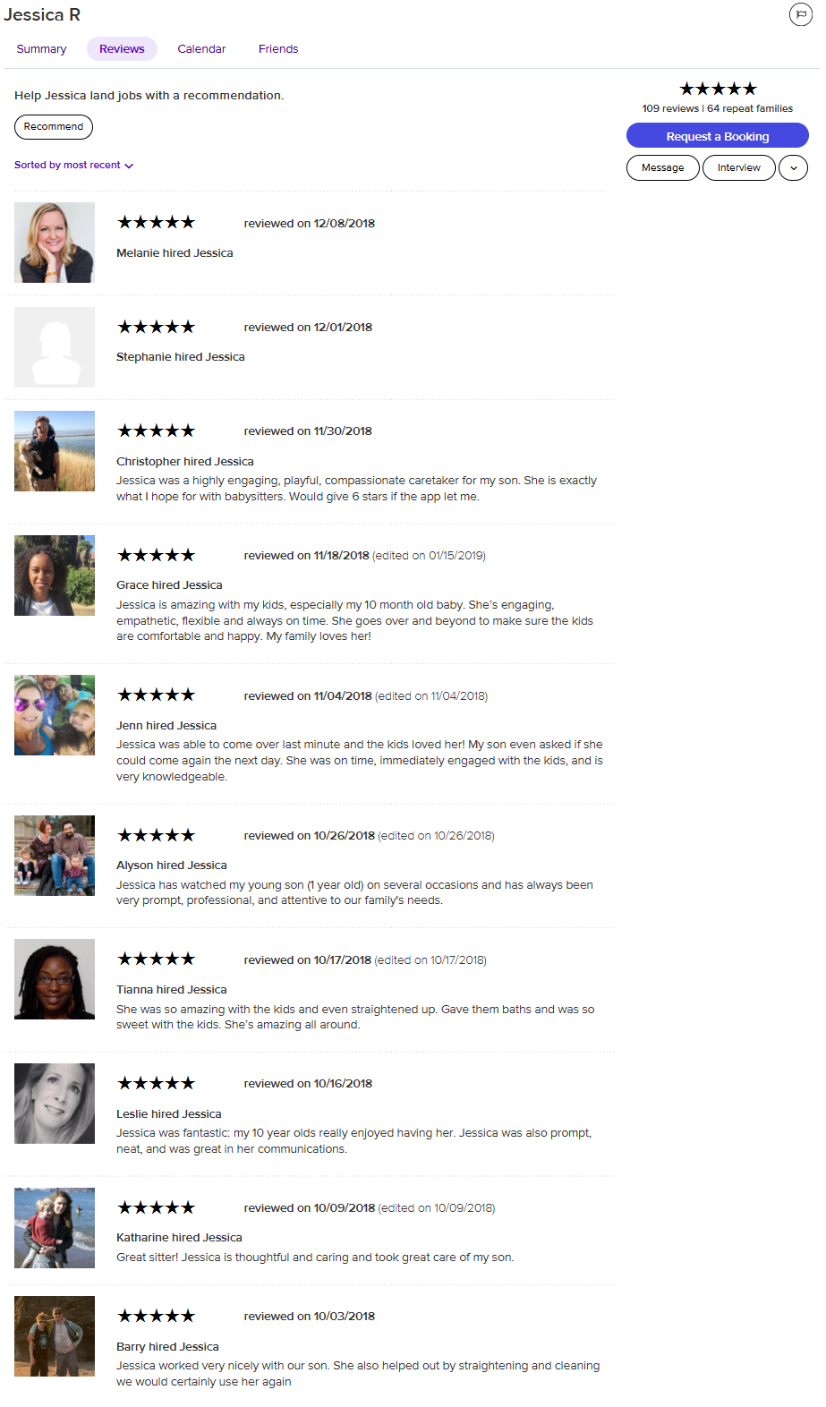 Screenshot of a website reviews page for a service provider named Jessica R, showing multiple five-star reviews with photos and comments from various clients.