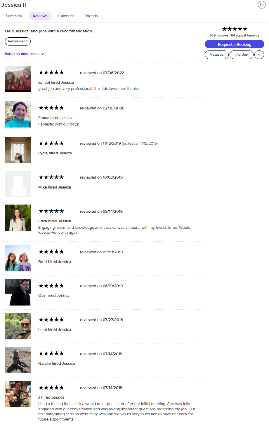 Screenshot of a review page for hiring Jessica, displaying various reviews with profile pictures and star ratings from different dates.