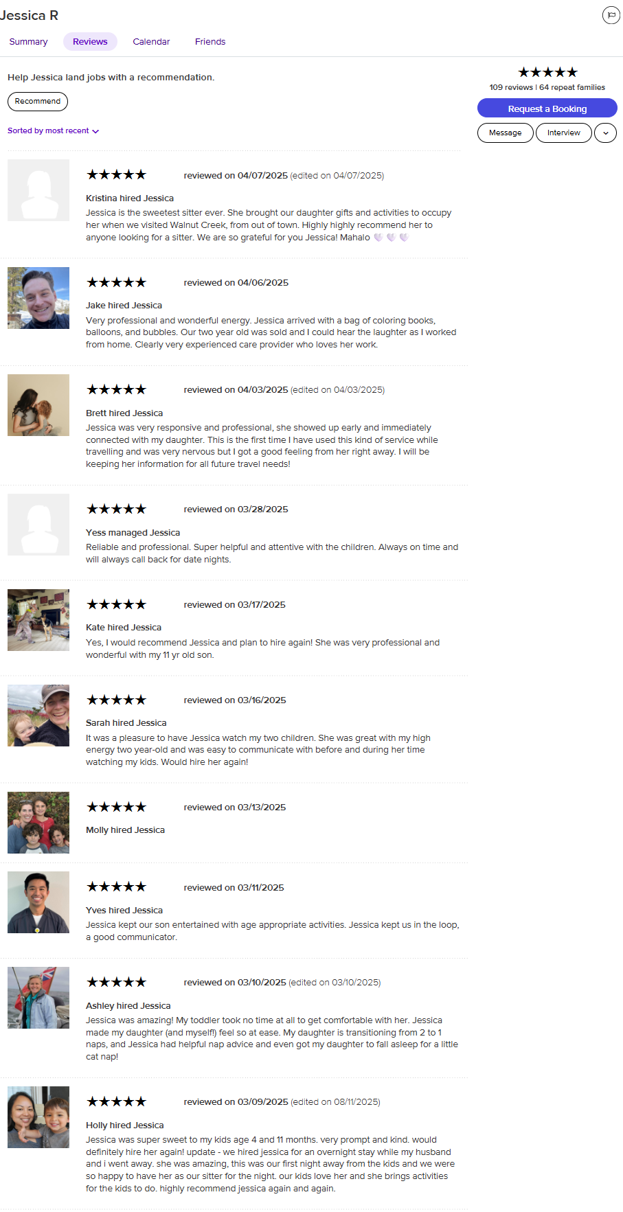 Screenshot of Jessica R's reviews on a caregiving platform with multiple five-star ratings and personal comments about her performance from various clients.
