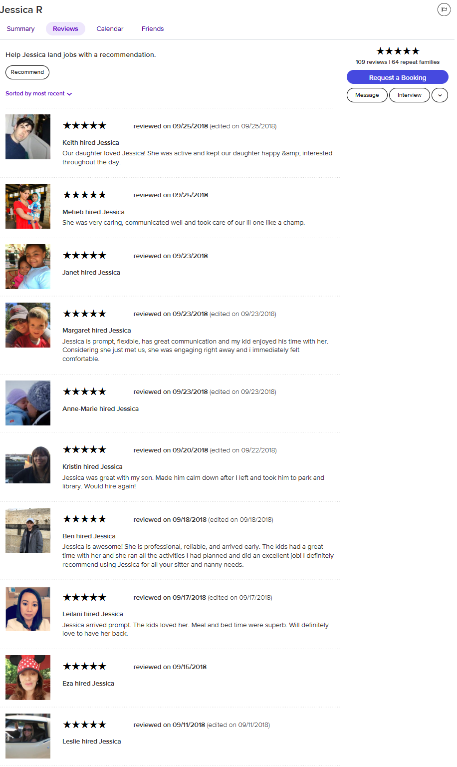 Screenshot of a review page showing multiple five-star reviews for Jessica's babysitting service. Each review includes a small profile photo, the reviewer's name, date of review, and positive comments about Jessica's reliability, communication, and c