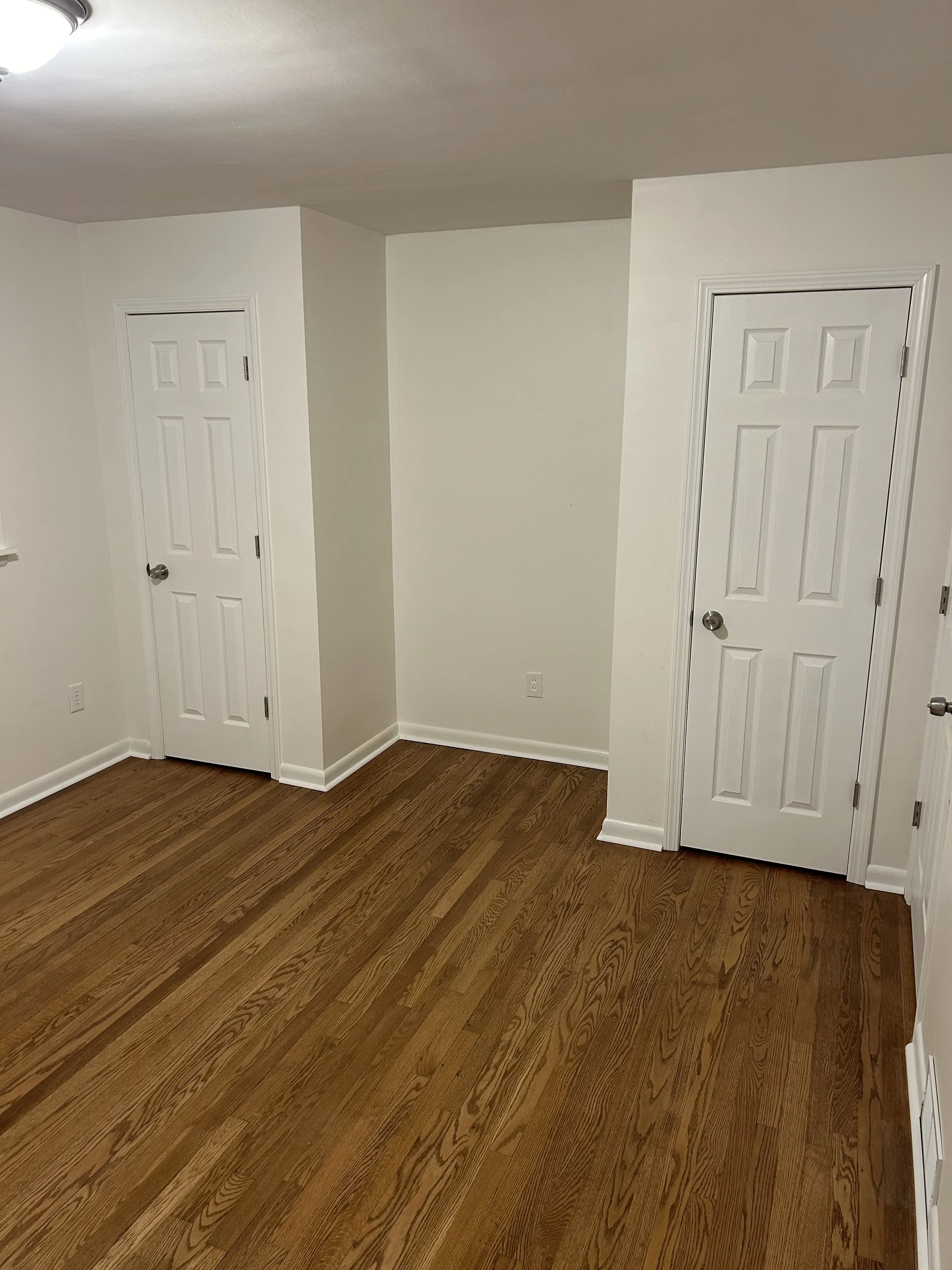 Traditionl, 6-panel closet doors with baseboard and shoe mold.
