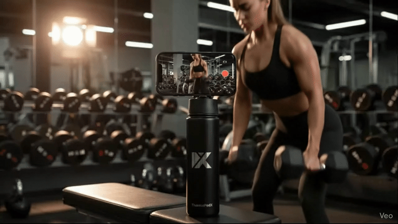 Woman in a gym recording her workout with a smartphone mounted on a portable tripod, with dumbbells in the background.