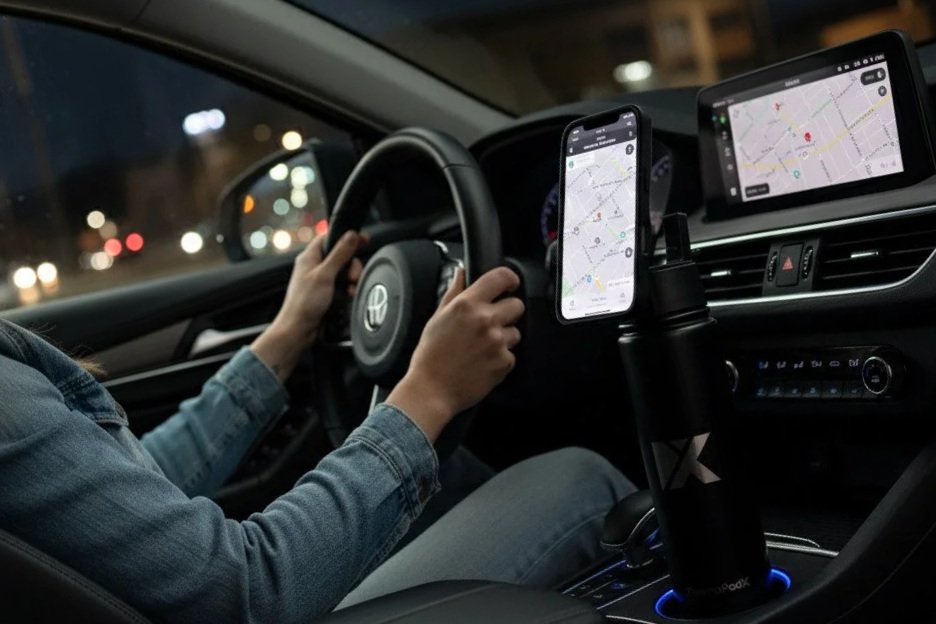 A person driving a car at night with ThermoPodX bottle mounted on the dashboard displaying maps.