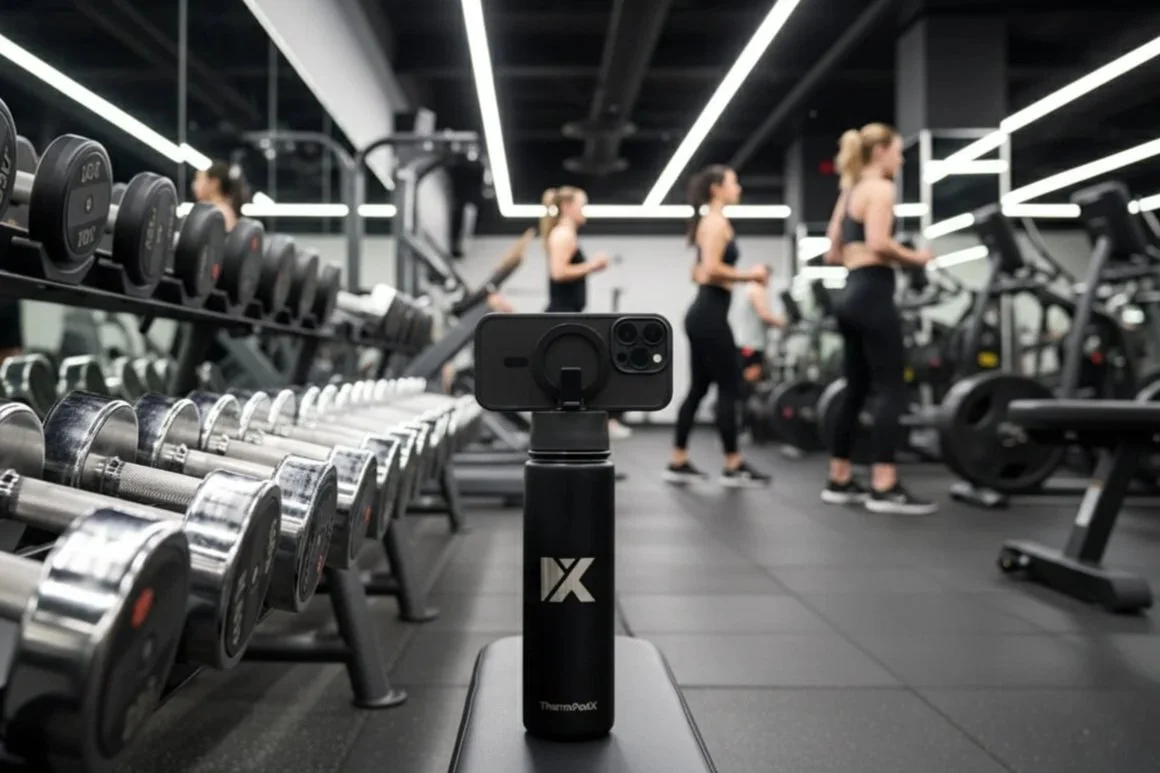 Interior of a gym with multiple women exercising on cardio equipment and free weights, with a ThermoPodX bottle in the foreground.