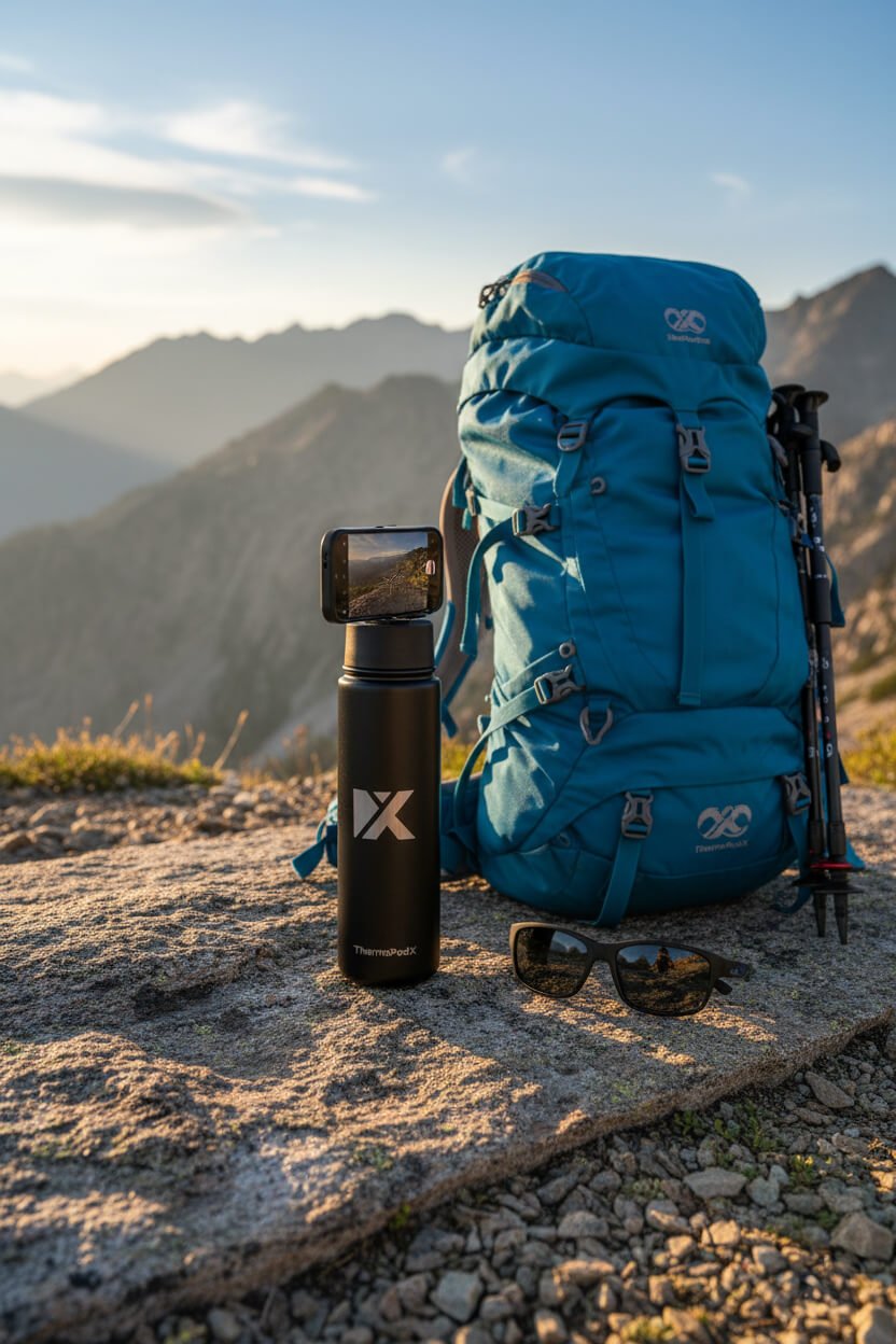Blue hiking backpack, black ThermosPodX bottle, sunglasses, and phone on a rock with mountain view in the background during sunset.