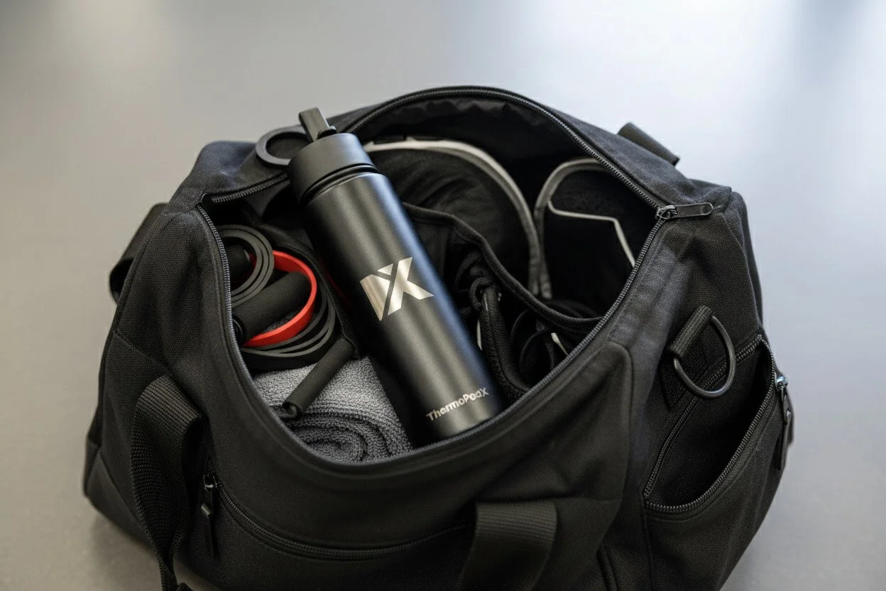 Open black gym bag with fitness accessories including a ThermoPodX bottle, resistance bands, and a towel inside.