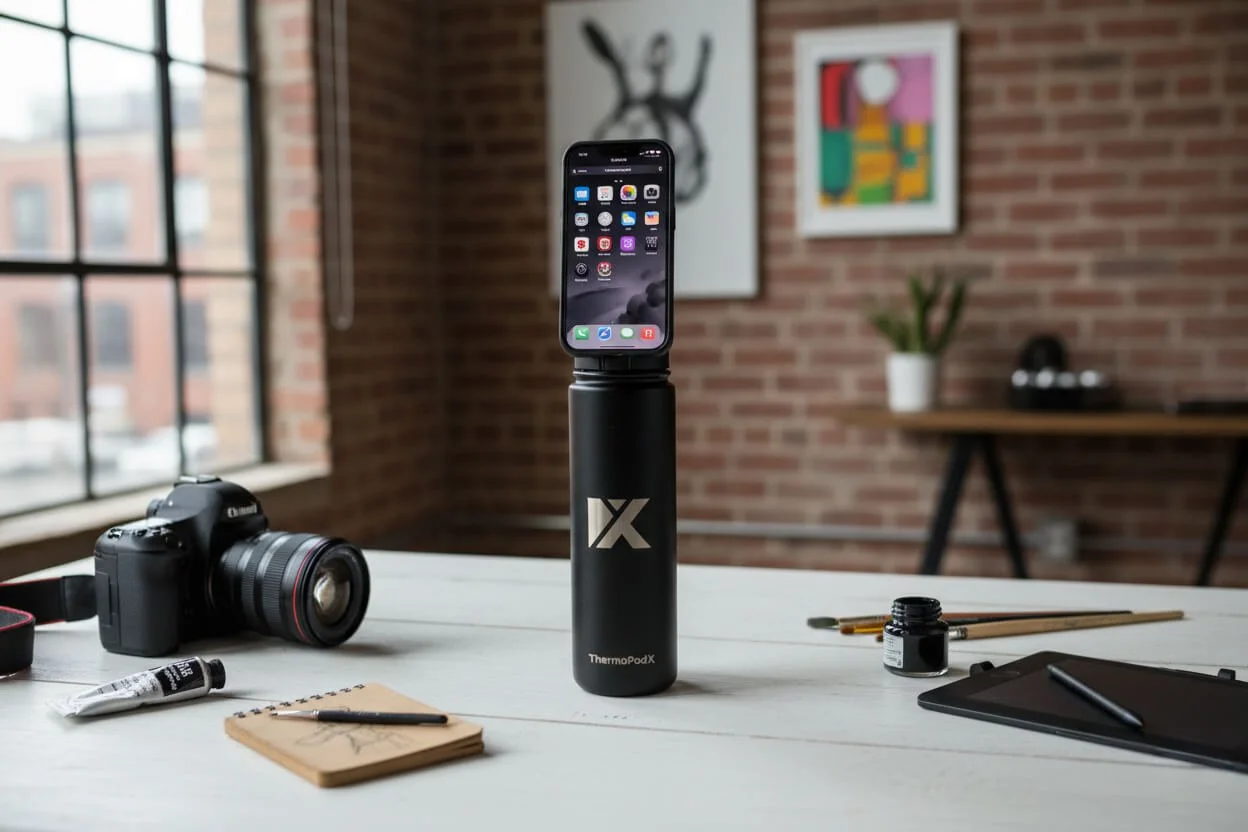 A smartphone is balanced on top of a black ThermoPodX device on a white table in a modern room with exposed brick walls, artwork, and a large window.